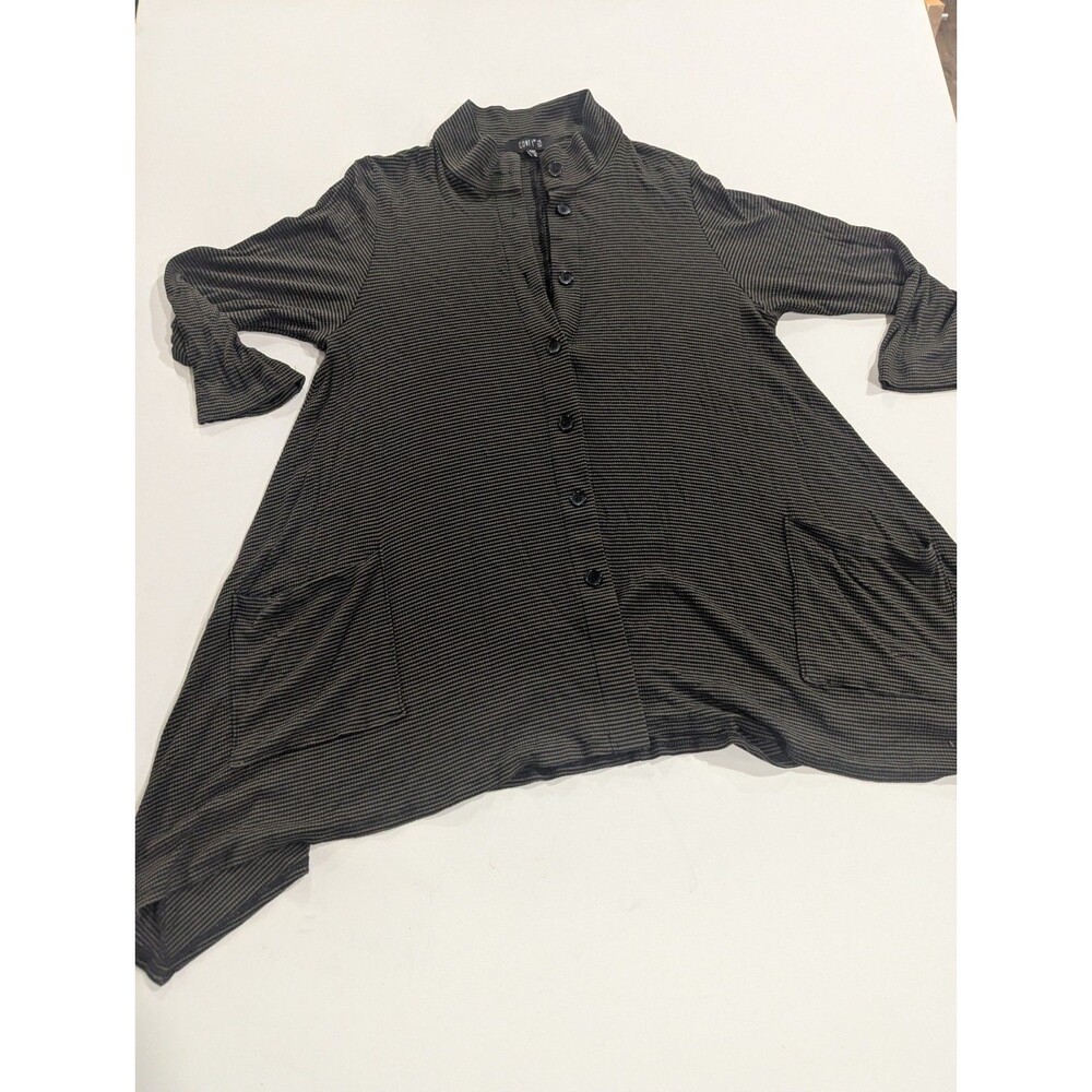 COMFY USA Black Dark Green Striped Asymmetric Pockets Lagenlook Button Up